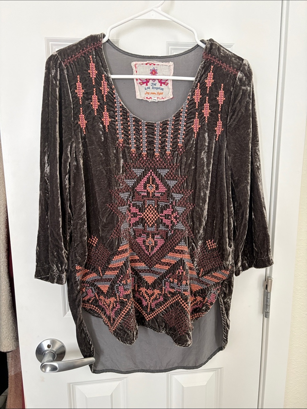 Johnny Was Velvet Embroidered Scoop Neck Tunic with Pink Accents